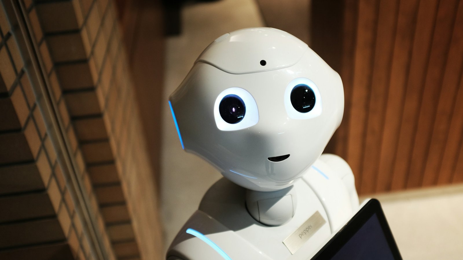 A white humanoid service robot with large round eyes looks up at the camera in a warmly lit lobby