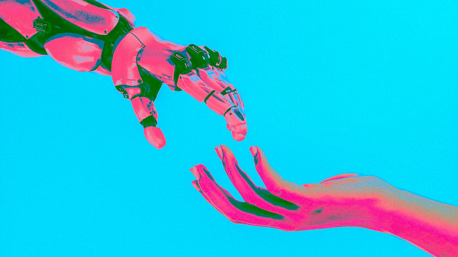A robotic hand and a human hand reaching toward each other against a bright blue background, in pink and blue colour
